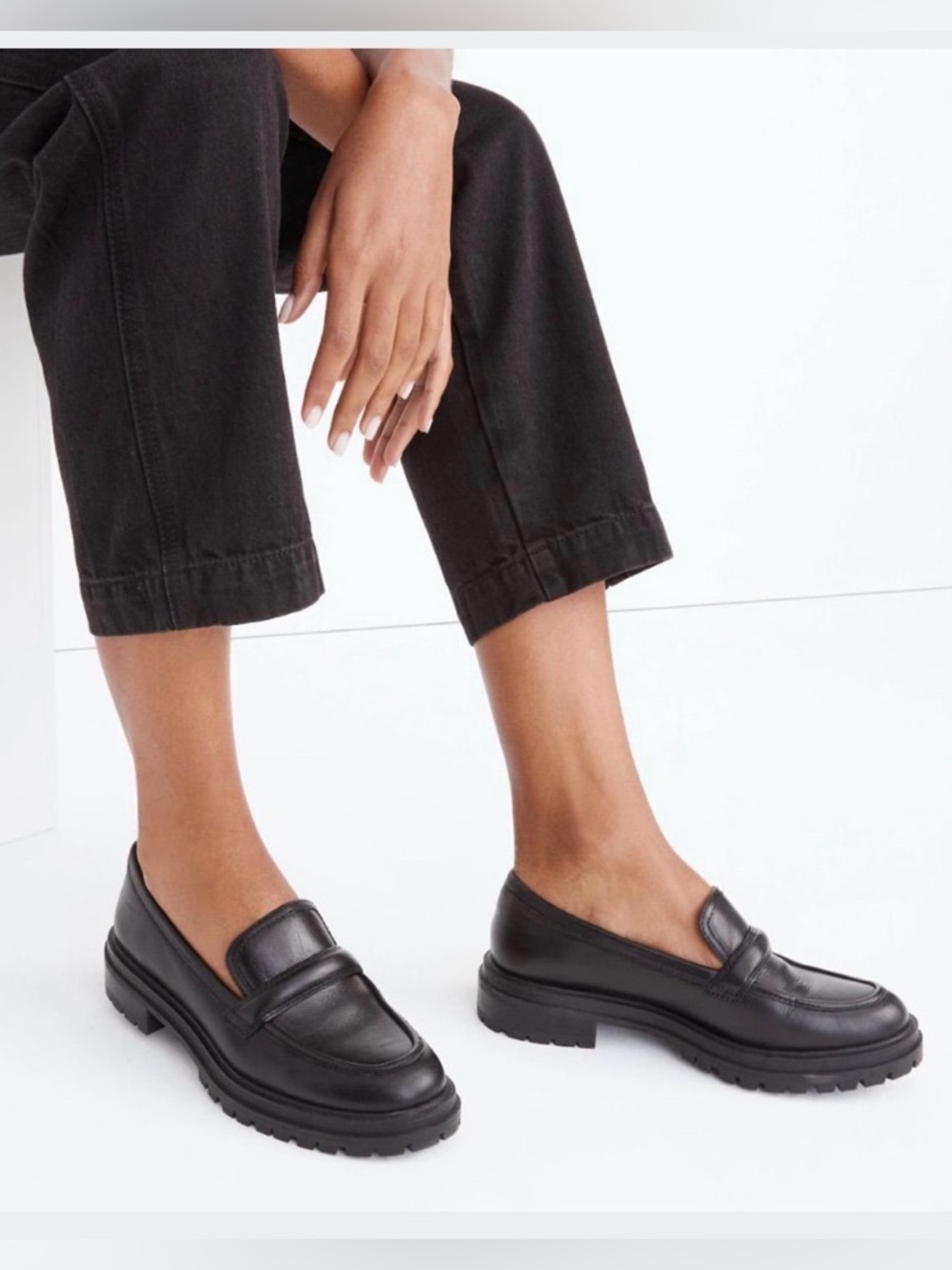 Madewell The Bradley Black Leather Lug-Sole Loafers Size 8